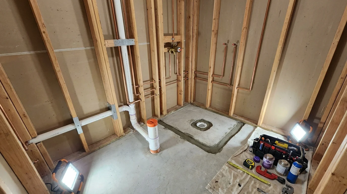 Bathroom rough-in plumbing during remodel by Johns Plumbing LLC in Beattyville