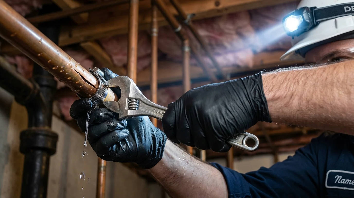 Emergency pipe clamp repair being performed by a Johns Plumbing LLC plumber in Beattyville