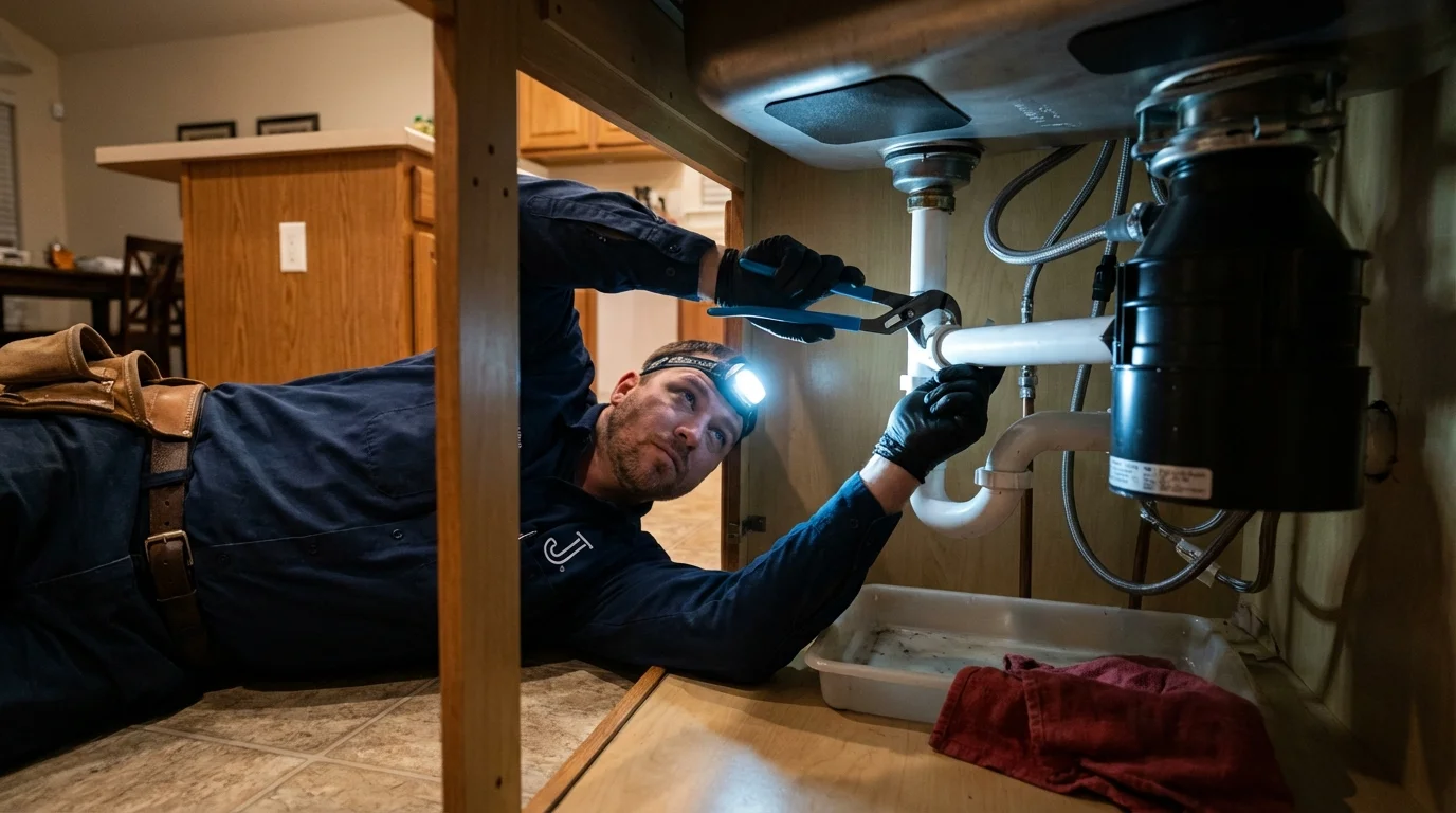 P-trap and supply line connections under a kitchen sink showing a common leak point in Beattyville, KY